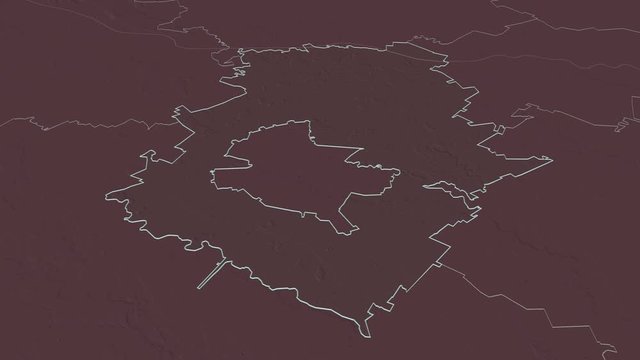 Ilfov, county with its capital, zoomed and extruded on the administrative map of Romania in the conformal Stereographic projection. Animation 3D