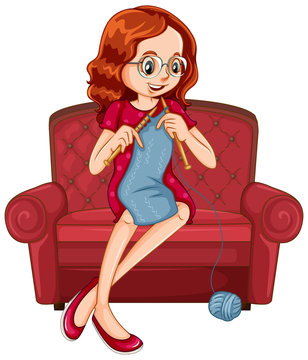 Woman Knitting On The Big Armchair On White Background