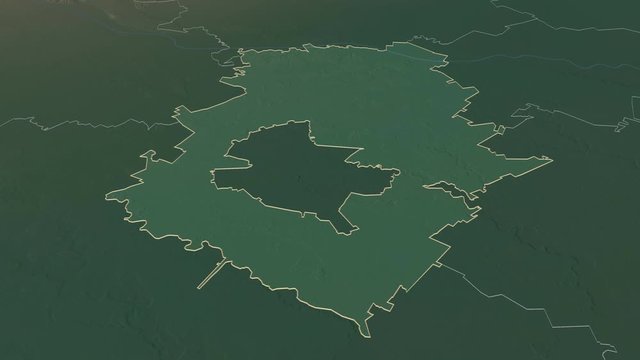 Ilfov, county with its capital, zoomed and extruded on the relief map of Romania in the conformal Stereographic projection. Animation 3D