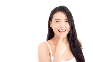 Portrait beautiful woman asian makeup of cosmetic, girl hand touch lips and mouth and smile attractive, face of beauty perfect with wellness isolated on white background with skin healthcare concept.