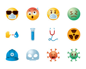 emojis coronavirus icon set over white background,