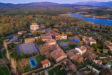Fototapeta na wymiar Aerial view of a medieval age Castle at the amazing and abandoned Granadilla town. The impressive medieval castle with it tower and battlement creates an awe high angle view of the old building 