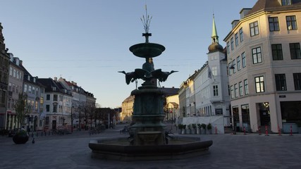 Fountain And Empty Streets In Amagertorv During Lockdown