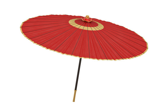 Red japanese umbrella isolated on white background. 3D illustration.
