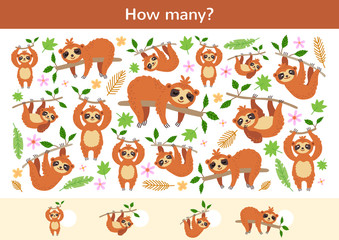 Counting children game of a cartoon sloths.