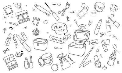 かわいいメイクアップツールの線画イラストセット