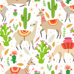 Fototapeta premium A seamless pattern with llama and cactus