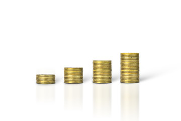 Gold coin stacks isolated on white background. Business, finance, investment, money saving and budget concept. with clipping paths.
