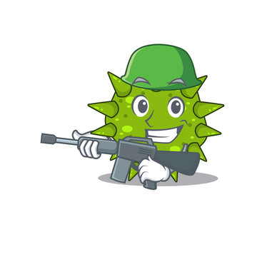 A cartoon picture of vibrio cholerae in Army style with machine gun