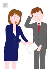 仕事のミスで会社の上司に叱られるビジネスマン。