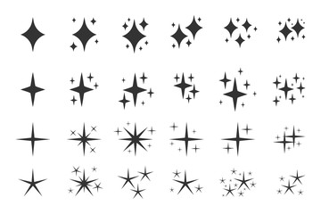 Black sparkles symbols icon set. Glyph template spark for glowing light effect stars, bursts. Silhouette symbol shine, clean, confetti element. Elegant twinkle shape. Isolated vector illustration - obrazy, fototapety, plakaty