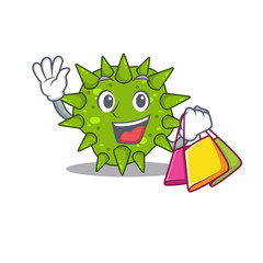 Rich and famous vibrio cholerae cartoon character holding shopping bags