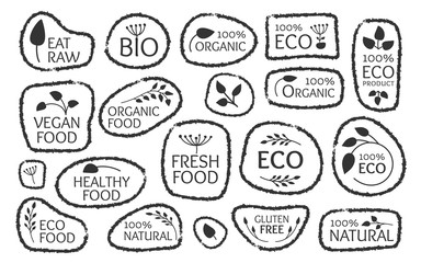 Black of eco labels set. Glyph hand drawn logo template of emblem natural product for packaging. Frame with leaves and text for tags of organic fresh, healthy bio product. Isolated vector illustration