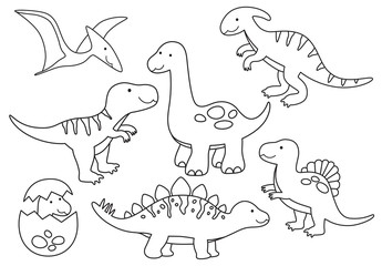 Vector line set of Dinosaurs. Dinosaur outline for coloring including Stegosaurus, Brontosaurus, Velociraptor, Triceratops, Tyrannosaurus rex, Spinosaurus.