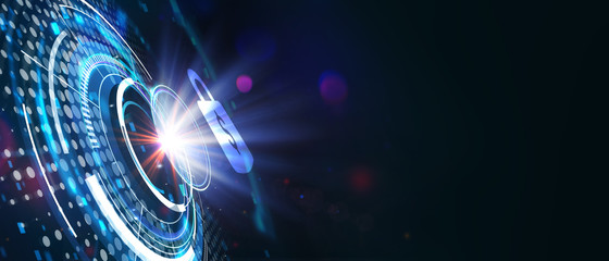 Cyber security data protection business technology privacy concept. Young businessman  select the icon security on the virtual display.