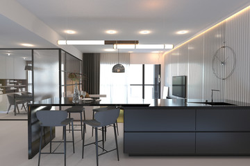 3d render of luxury home interior, living room