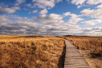 Boardwalk leading to beach under beautiful clouds