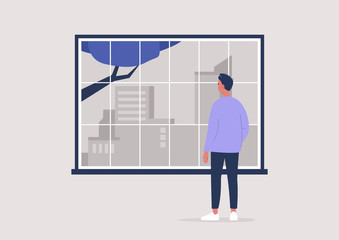 Obraz premium Young male character looking through the window, contemplation and meditation, self isolation