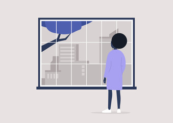 Young black female character looking through the window, contemplation and meditation, self isolation