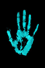 Light blue human hand print on black background isolated close up, handprint illustration, palm and fingers silhouette mark, one hand shape stamp, personal identity sign, paint imprint