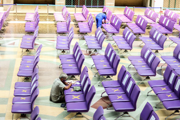 Bangkok, Thailand - Asian people waiting the train keep distance protect from COVID-19