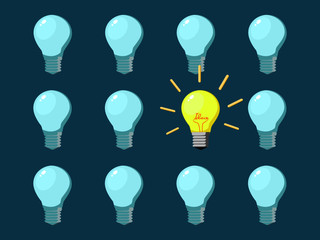Lightbulb with one different idea on a blue background