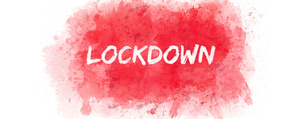 Red watercolor lockdown text on white background