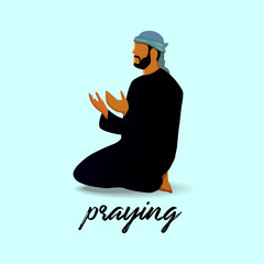 Man praying, communicating with God, with eyes closed. Ramadan Kareem, prayer sticking to the Koran, home and in mosque. prayer process, Muslims. Vector illustration.