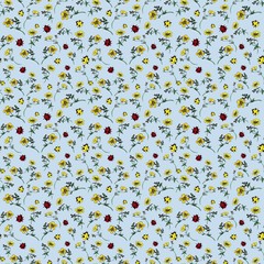 bright seamless pattern with handmade picture of yellow flowers, red and yellow ladybirds 