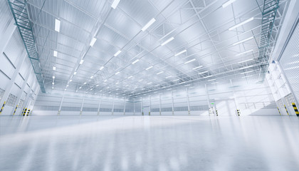 Hangar or industrial building. Protection with security door, roller door or roller shutter. Modern interior design with concrete floor, steel wall and empty space for industry background. 3d render. - obrazy, fototapety, plakaty