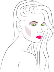 Beautiful woman face with nude make-up hand drawn vector illustration. Graphic, sketch drawing. Stylish original graphics portrait with beautiful young attractive girl model