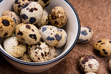 Quail eggs on the linen tablecloths