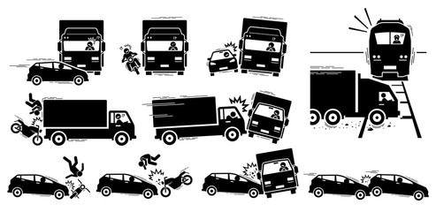 Road accident and vehicle crash collision icons. Vector cliparts of road accident between car, motorcycle, lorry, and train.