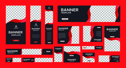 set of modern black banners of standard size with a place for photos. Business ad banner. Vertical, horizontal and square template with gradient red color.