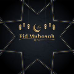 Black banner eid mubarak with moon and lamp gold frame
