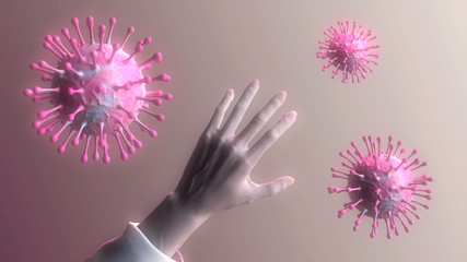 Hand surrounded by coronavirus COVID-19. Сoronavirus transmission. 3d render