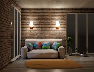 Night cozy interior with sofa and wall lamps. Large panoramic windows. Parquet floor with carpet. 3D rendering.