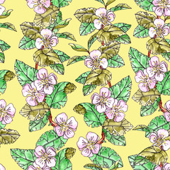 Seamless pattern of blooming apple branches with leaves on a light yellow background.