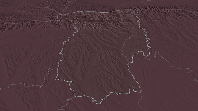V&acirc;lcea, county with its capital, zoomed and extruded on the administrative map of Romania in the conformal Stereographic projection. Animation 3D