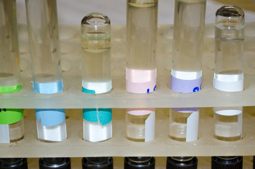 Rack of test tubes close up in a chemistry lab