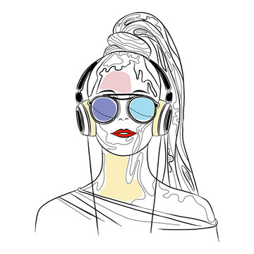 Vector graphic illustration of beautiful cute face of young sexy artistic girl with thick long hair, sunglasse, red lips, headphones. Hand drawn sketch line drawing. Portrait closeup woman. Silhouette