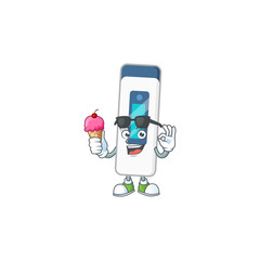Cute digital thermometer cartoon character enjoying an ice cream