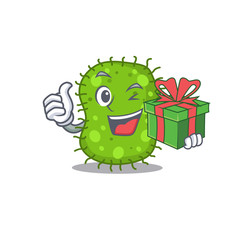 Smiling escherichia cartoon character having a green gift box