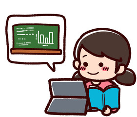 タブレットで学習する女の子　笑顔　黒板
