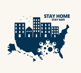 Illustration vector graphic of United States map with coronavirus (COVID-19) symbol inside.The Buildings on blue map of United States of America isolated.Stay home and Stay safe concepts.Flat style.