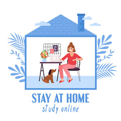 Stay at home and quarantine concept. Woman study online on laptop computer. Vector illustration