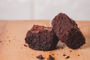 Pile of brownies on wooden floors  homemade bakery and desserts