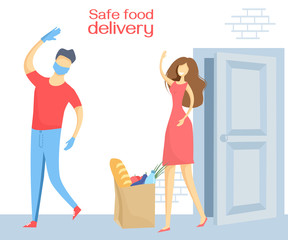 Vector flat illustration. A young courier delivers food to his house in a medical mask and gloves. Happy woman meets the courier and picks up groceries. Contactless delivery. Safe food delivery.