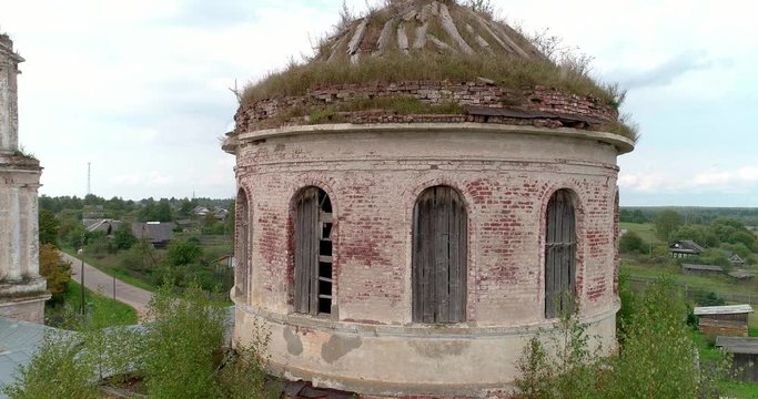 ruined orthodox church, village tolmachi, ruined, orthodox, church, close up, cover shot, track out, track in, fly out, fly in, top view, unveiling shot, overflight, far distance, horizontal pan, cran