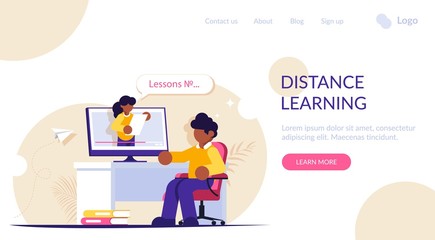 Online education. People sits at a desk while watching video of lesson or webinar. Modern flat vector illustration.